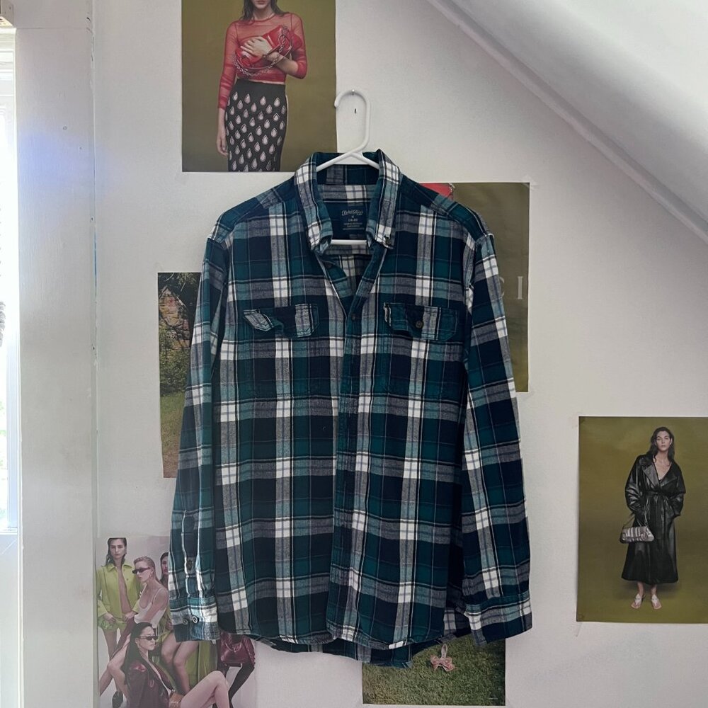 Vintage Navy Green and White Cotton Flannel Button-Down Shirt Long Sleeve Plaid